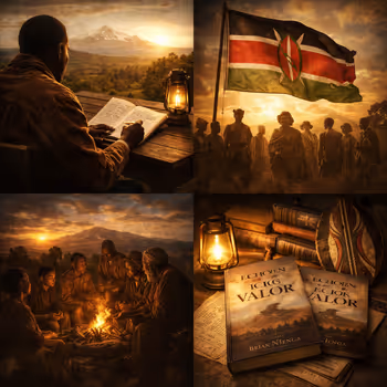 Kenyan community and books gathered at dusk, symbolizing memory preserved for future inheritance.