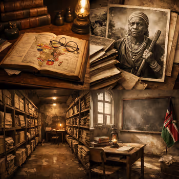Collage of colonial archives, oral memory, and abandoned classrooms representing silenced African histories.
