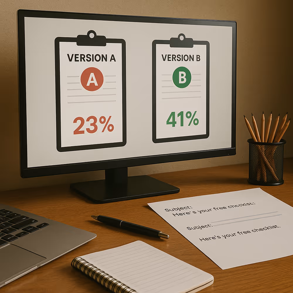 Workspace with a monitor comparing A/B subject line results; simple line shows higher open rate.