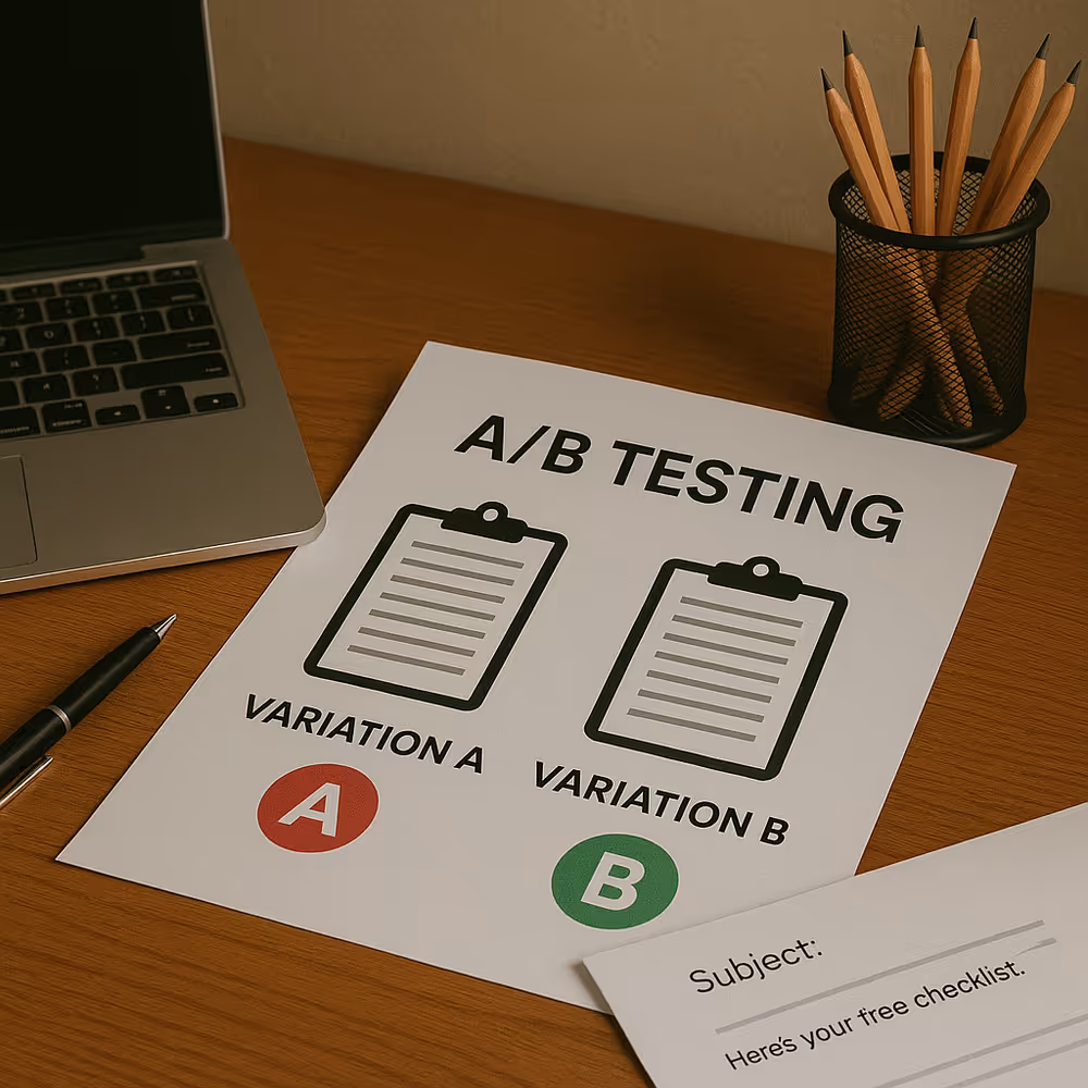 Laptop, notebook, and printout showing Variation A vs B—single-variable copy test.