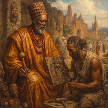 The Oba of Benin examining a bronze plaque with artisans at the palace, symbolizing Benin’s artistic mastery before British looting.