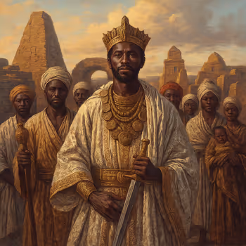 Oil painting of African rulers in regal attire framed by pyramids and ancient structures, symbolizing the grandeur of Africa’s empires.