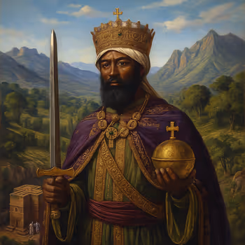 Emperor Menelik II standing above the Ethiopian highlands with Lalibela churches below, symbolizing Ethiopia’s victory at the Battle of Adwa.