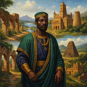 A painting depicting a noble African king standing before ancient stone structures and lush landscapes. In the background, iconic architectures symbolize African civilizations: a Kushite pyramid, a Nubian palace, and a Great Zimbabwe-style tower.