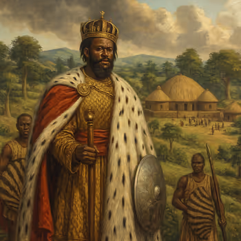 A Bugandan king in traditional regalia with guards, overlooking a royal compound in Uganda’s green hills, representing Buganda’s centralized monarchy.