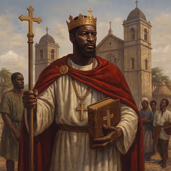 Afonso I of Kongo holding a cross and Bible before a European-style church, symbolizing diplomacy and the strains of early colonization.