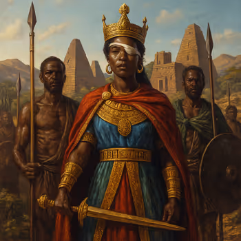 Queen Amanirenas of Kush in regal Nubian attire leading warriors with the pyramids of Meroë behind her, symbolizing resistance against the Roman Empire.