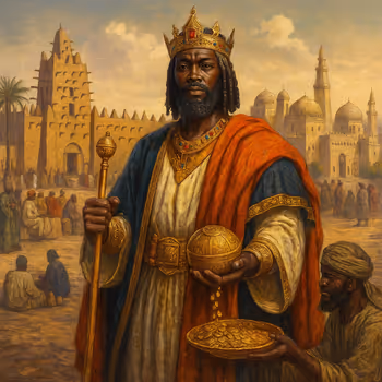 Mansa Musa in gold attire before scholars at Timbuktu’s University of Sankore, representing the Mali Empire’s wealth and intellectual heritage.