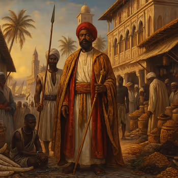 Omani sultan in Zanzibar’s bustling spice market surrounded by traders of Swahili, Arab, and Indian heritage.