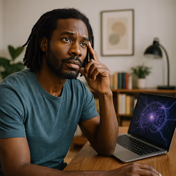 A contemplative Black man with dreadlocks seated at a minimalist desk, surrounded by books and a glowing screen, symbolizing neurodiverse creativity and the intersection of human and machine intelligence.