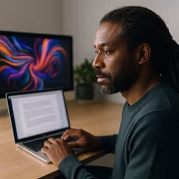 An African man seated in a modern home office, deep in thought while using an AI writing assistant on his laptop, symbolizing the evolving relationship between human creativity and artificial intelligence in content creation workflows.
