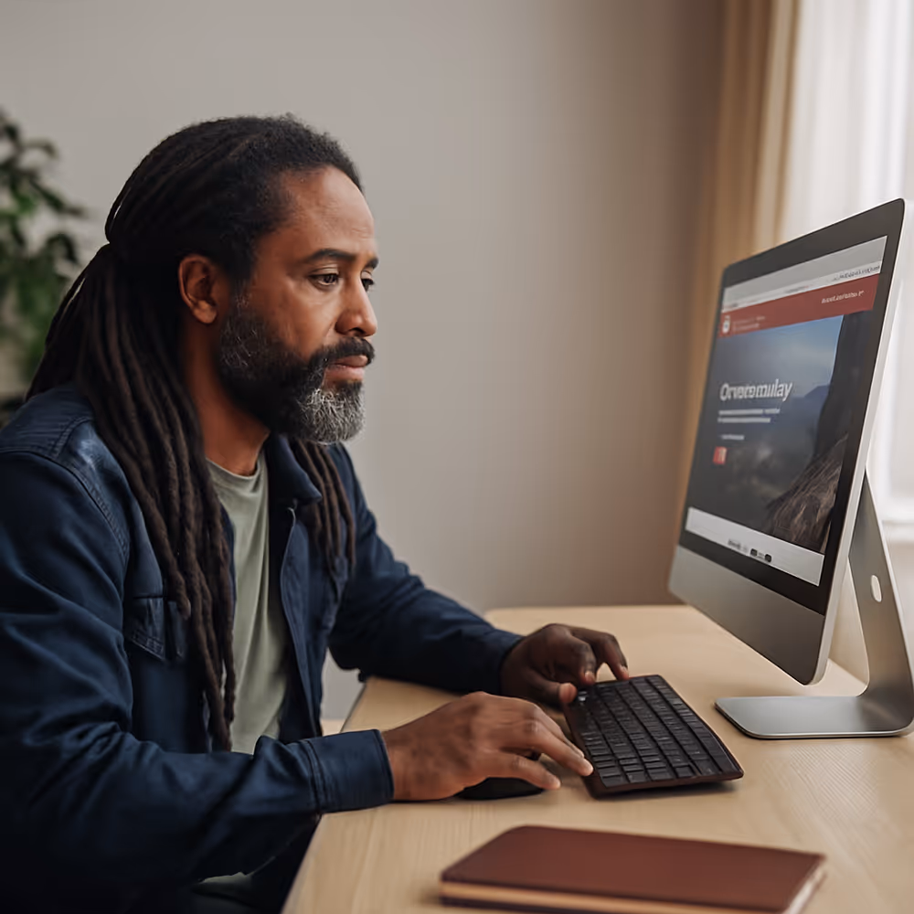 A middle-aged Black man with dreadlocks sits at his desk, working on a modern website interface, symbolizing the integration of AI-assisted coding and human creativity in building his personal site.