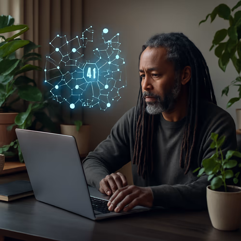 A middle-aged Black man with long dreadlocks works at a laptop in a modern office, with abstract holographic visuals symbolizing artificial intelligence hovering around him, representing AI as a force multiplier in creative work.