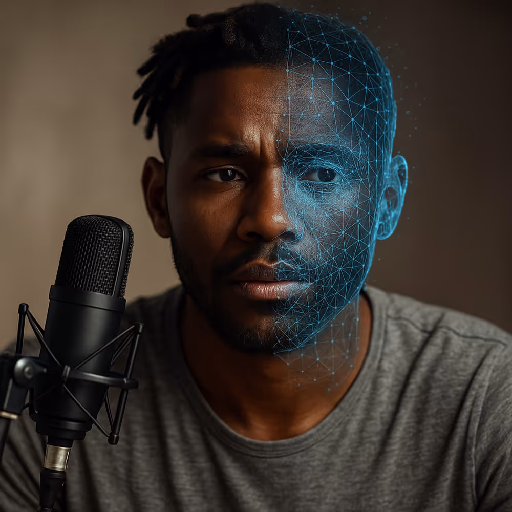 A young African man speaking into a microphone, while a holographic AI-generated duplicate of his voice wave and face projection emerges beside him, symbolizing voice cloning technology and its ethical dilemmas in AI.