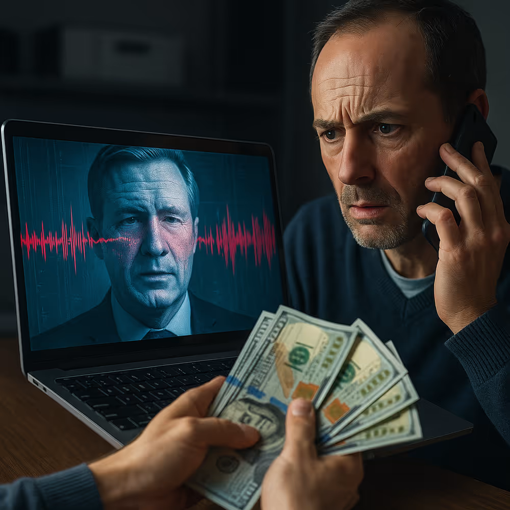 The dangers of AI voice cloning: a politician’s speech distorted through deepfake audio, and a man on a phone call being scammed by a cloned CEO’s voice.