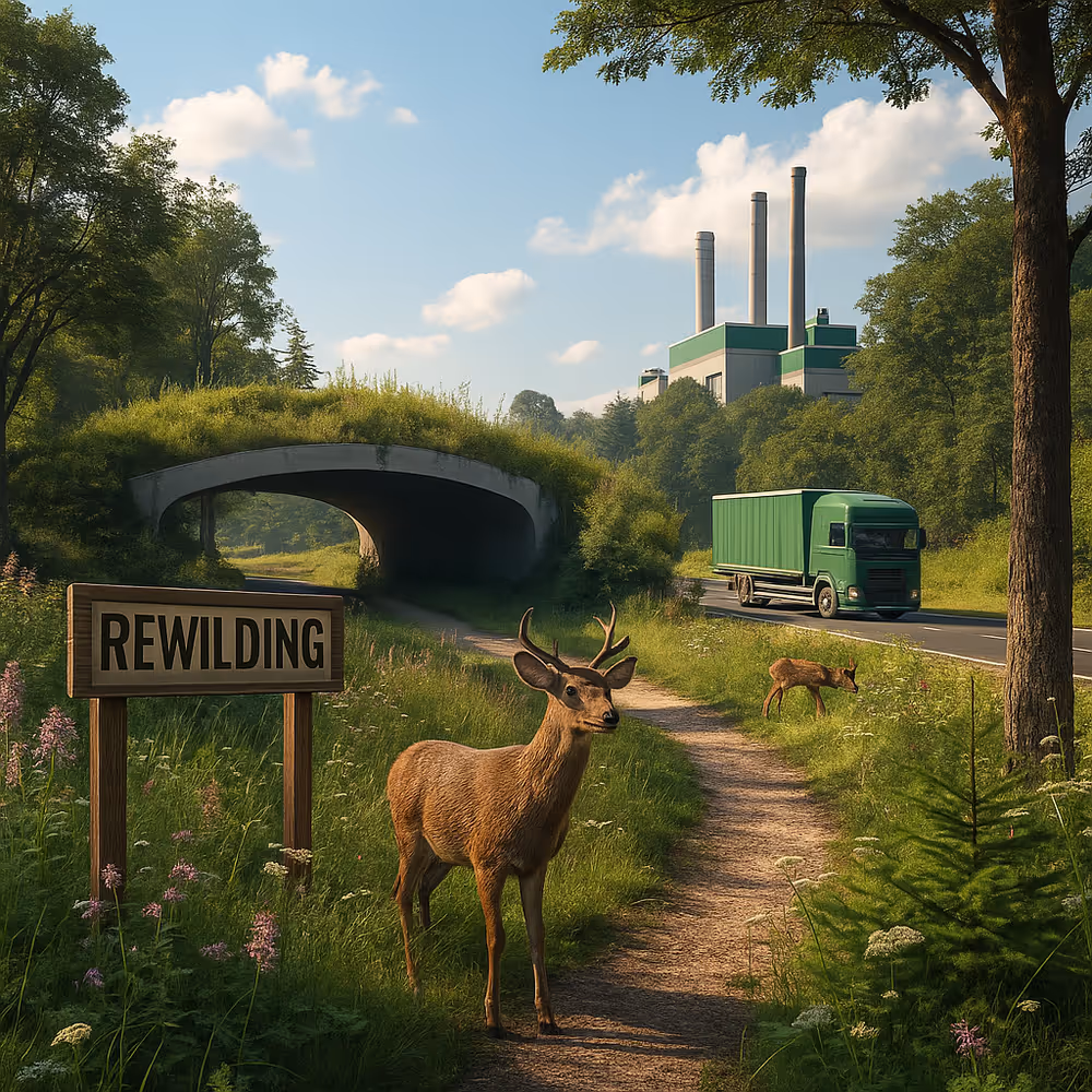 A young deer stands near a rewilding sign along a grassy path beside a highway with a green cargo truck and an eco-friendly factory in the distance, symbolizing coexistence between industry and nature in a regenerative, biodiversity-centered future.