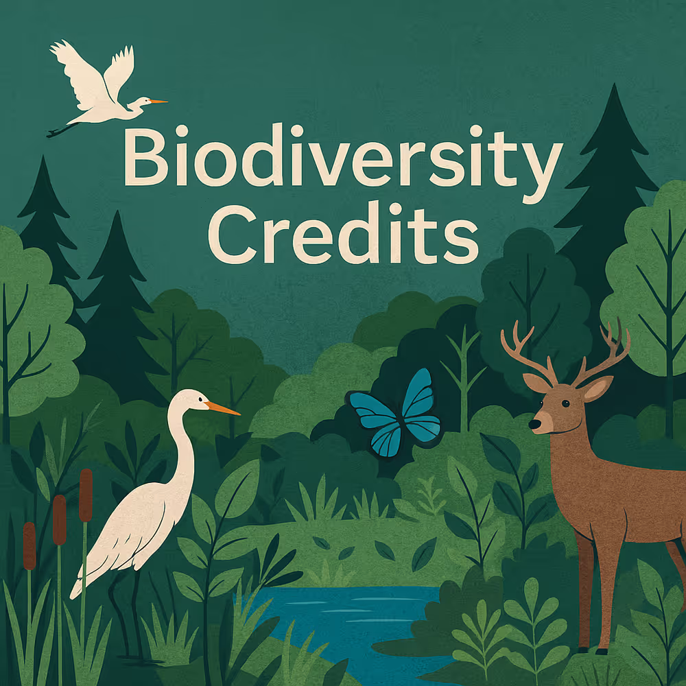 A lush green forest teeming with biodiversity featuring a white egret, blue butterfly, and deer near a wetland pond, symbolizing the rise of biodiversity credits and the shift from carbon offsets to ecosystem regeneration.