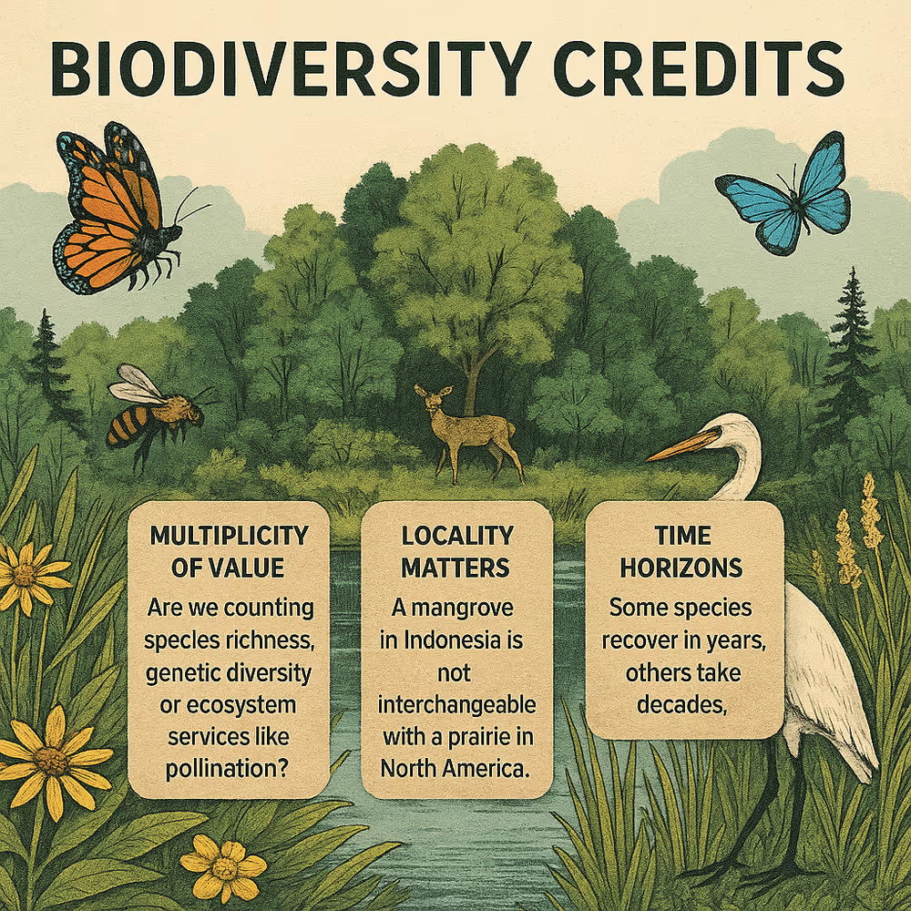 A detailed digital illustration showing butterflies, a bee, an egret, and a deer in a vibrant wetland landscape, symbolizing biodiversity credits and highlighting the complexities of measuring ecosystem value, locality, and recovery timelines.