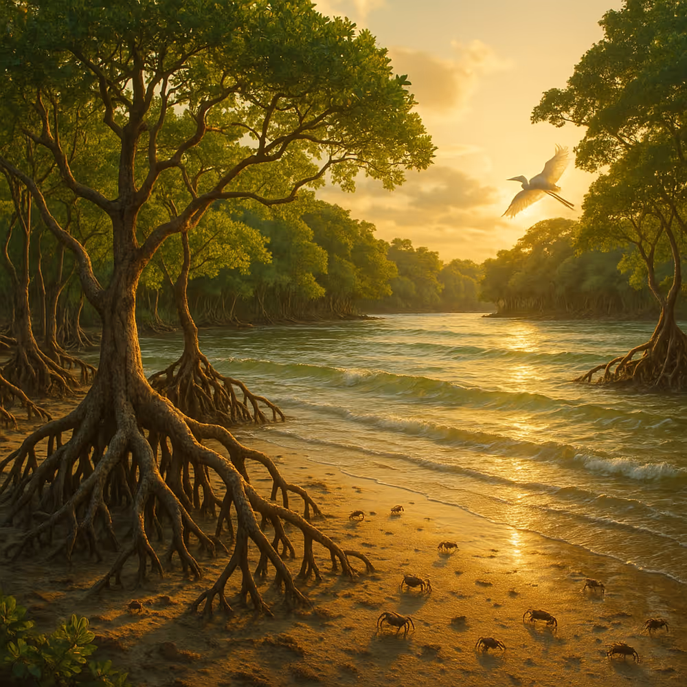 A golden-hour view of a lush mangrove forest with aerial roots exposed along a sandy shore, gentle waves lapping the coast, fiddler crabs on the wet sand, and an egret soaring above calm tidal waters.