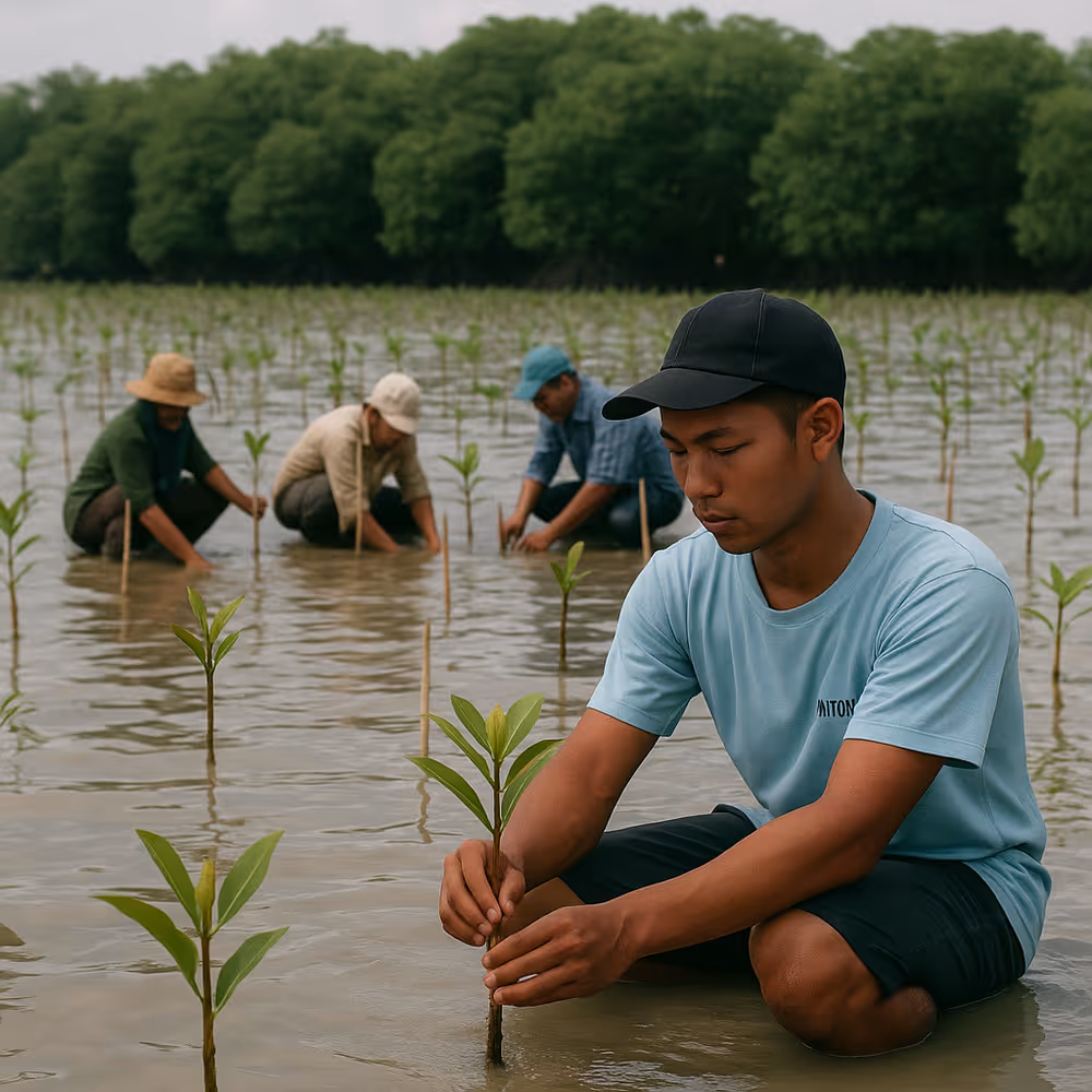 Volunteers planting young mangrove saplings during Indonesia’s national restoration program.