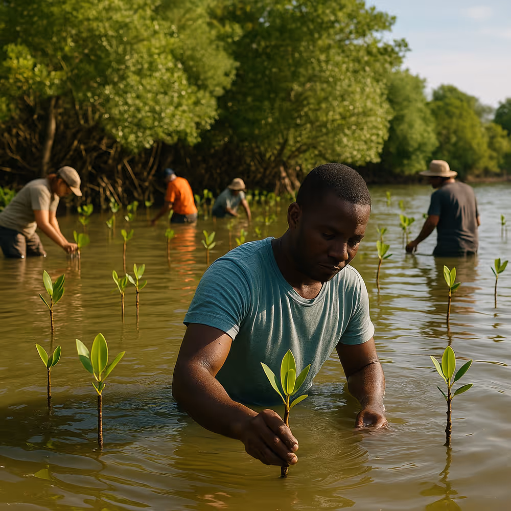 Volunteers planting mangrove saplings in shallow waters during Tudor Creek restoration in Mombasa.