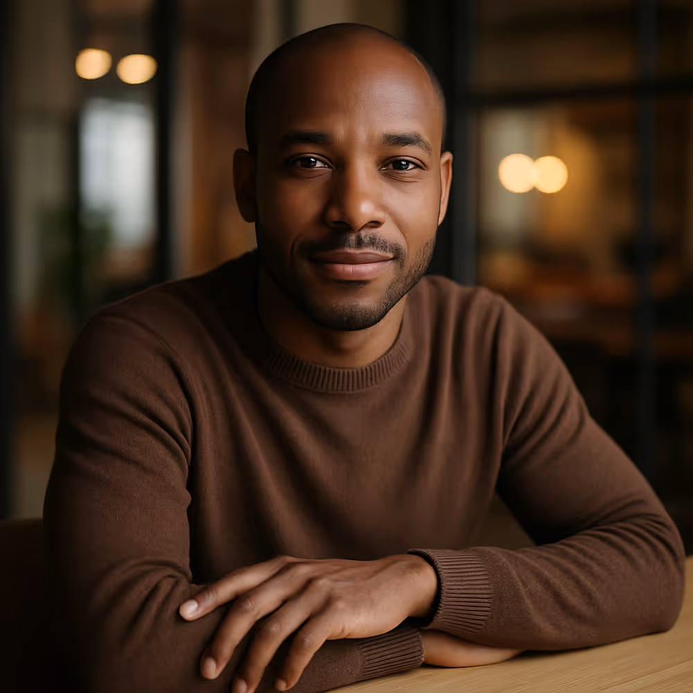 Confident Black man in his mid-30s, shaved head and beard, seated in a modern office space, symbolizing credibility and trust in content marketing.