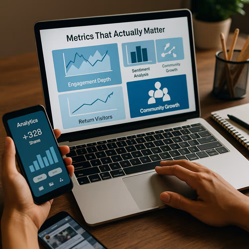 Marketer analyzing digital dashboards with charts on engagement depth, sentiment, and return visitor metrics, highlighting trust-based performance measurement.