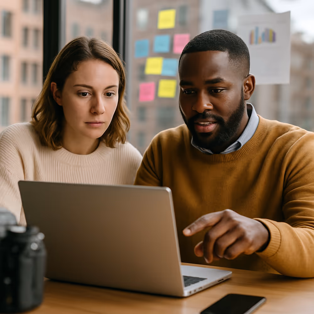 Two digital strategists, one Black man and one White woman, analyzing content performance metrics on laptops, symbolizing authenticity and collaboration.