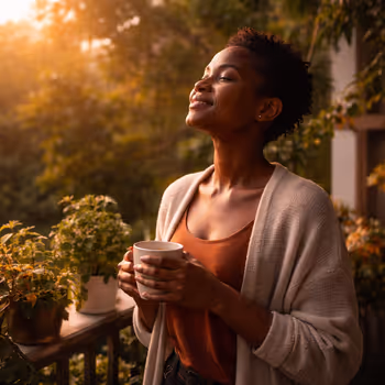 A young woman standing calmly in natural light, eyes closed, shoulders relaxed, and holding a cup of coffee with both hands, symbolizing wholeness, and creative longevity.