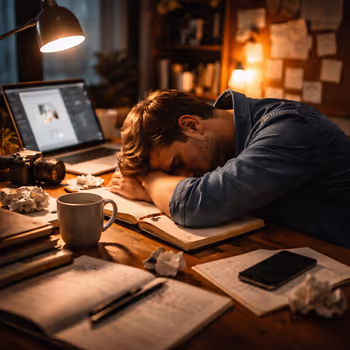 Burned-out creative professional resting at a desk, illustrating the toll of unsustainable creative careers.