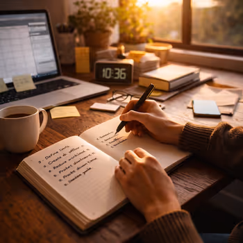 Hands journaling beside coffee, symbolizing intentional pacing and sustainable creative practices.