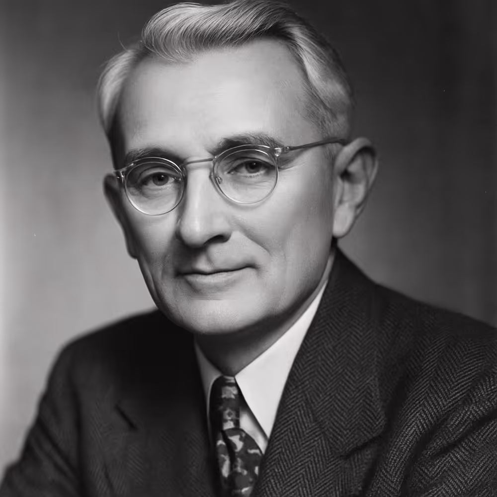 Black-and-white portrait of Dale Carnegie in glasses and suit, associated with practical self-help, purposeful action, and mental wellbeing.