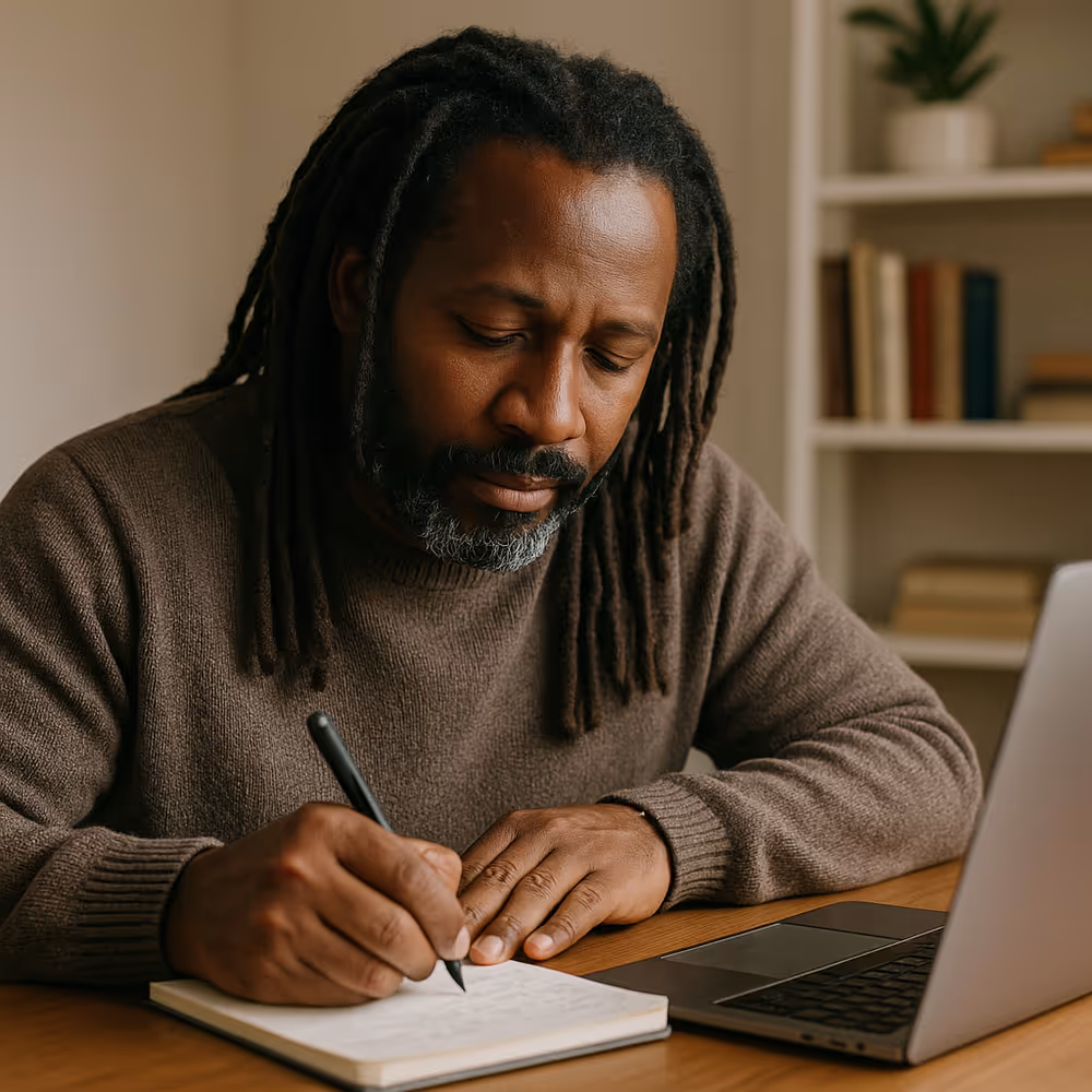 Middle-aged Black man with graying dreadlocks journaling beside a laptop in a calm home office, symbolizing resilience and empowerment through writing.