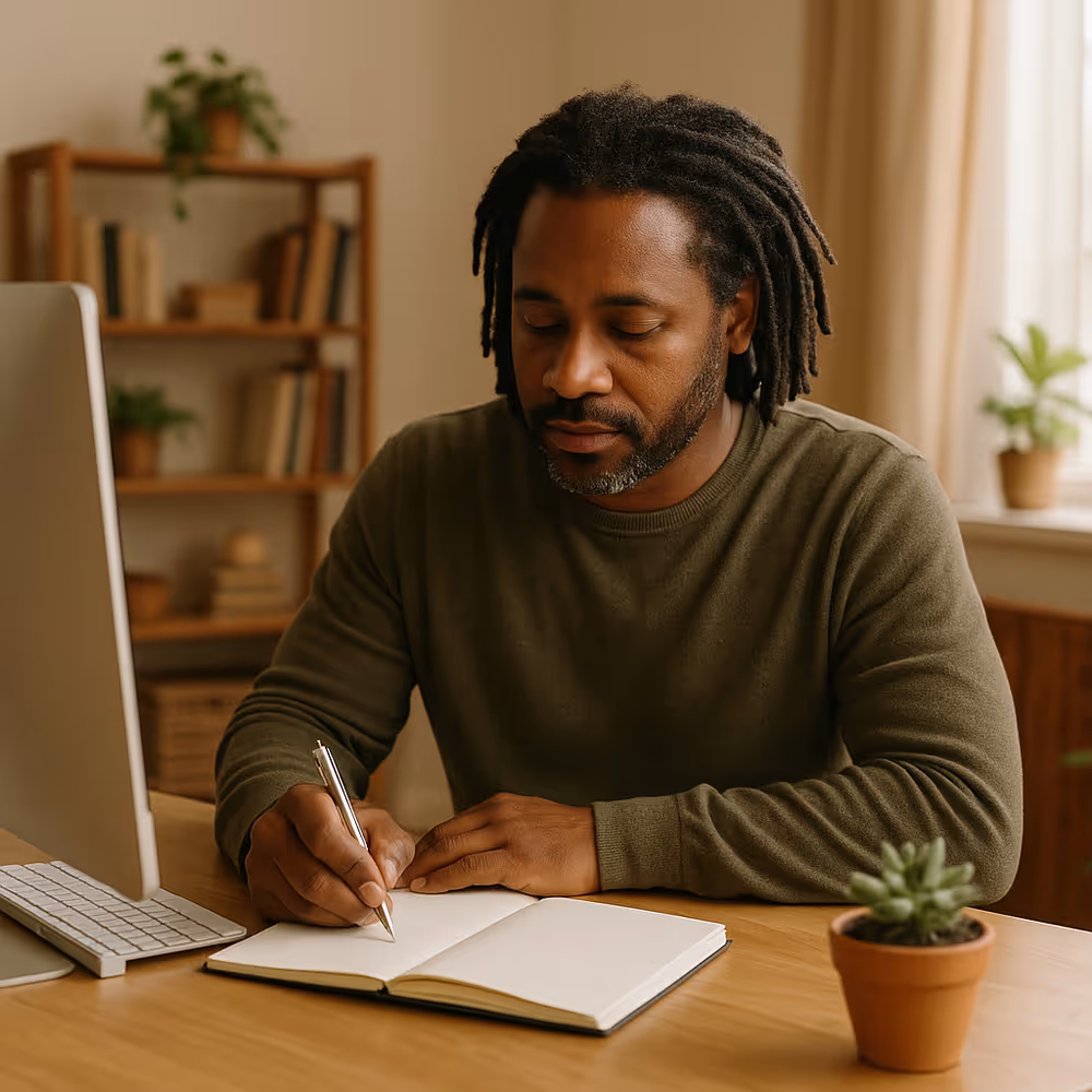 Middle-aged Black man with dreadlocks journaling at a home office desk beside an iMac, symbolizing therapeutic writing, neurodivergent creativity, and mental health awareness.