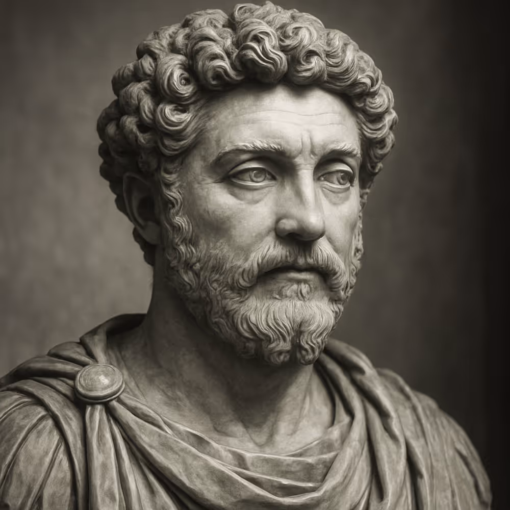 Close-up photograph of a marble bust of Marcus Aurelius, symbolizing Stoic journaling and reflective writing as inner governance.