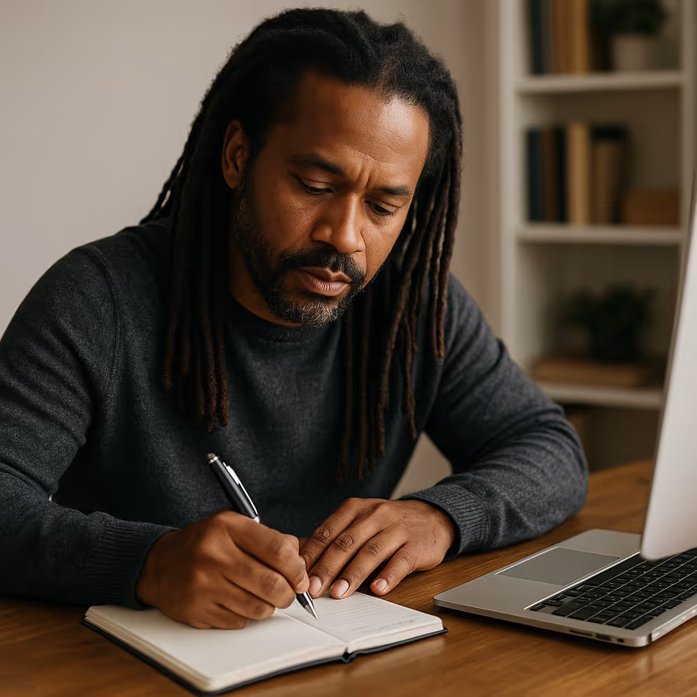 Middle-aged Black man with dreadlocks journaling at a tidy desk with a computer nearby, representing expressive writing as a tool for mental and emotional regulation.