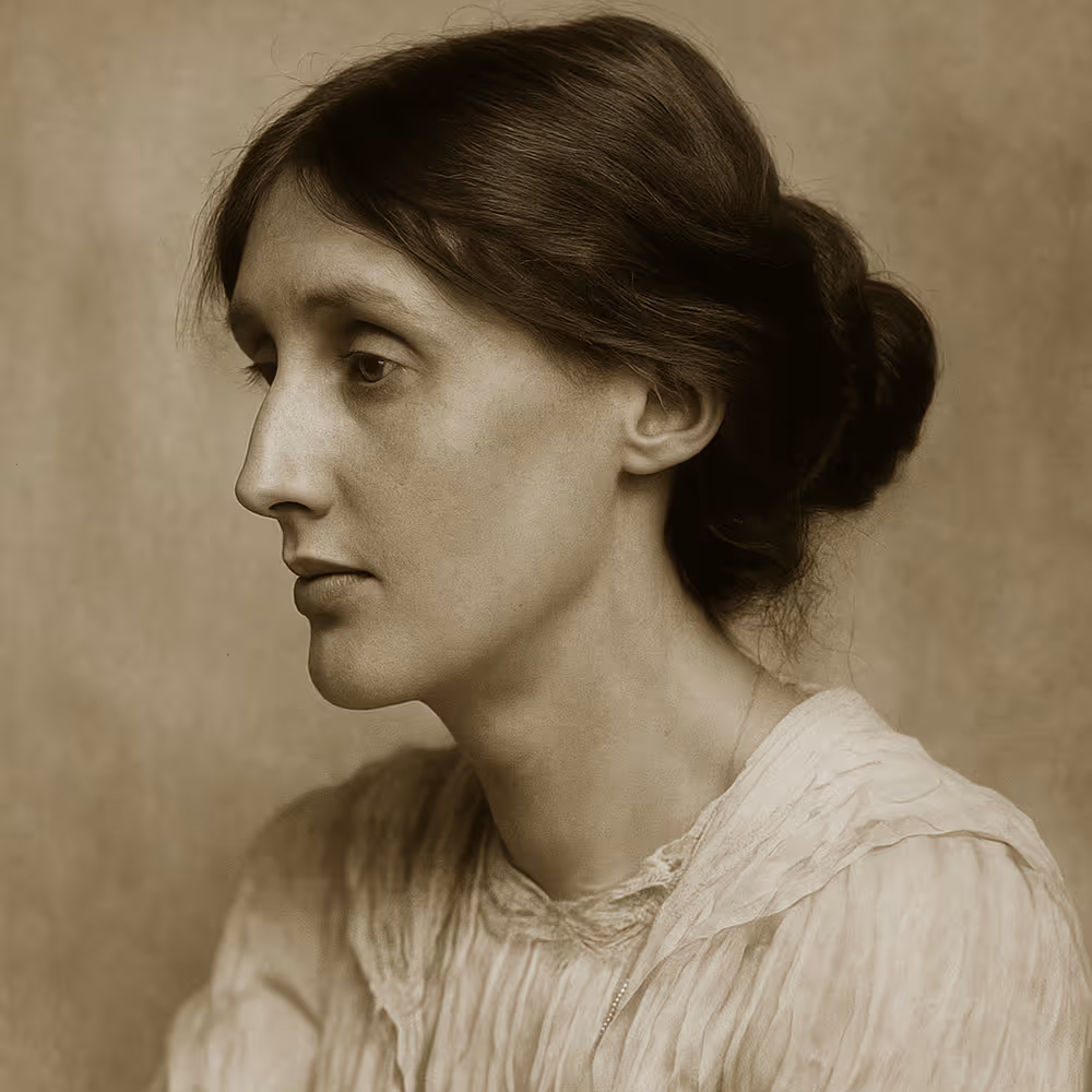 Sepia-toned portrait of Virginia Woolf in profile, reflecting her introspective writing and struggle to navigate mental health through prose.