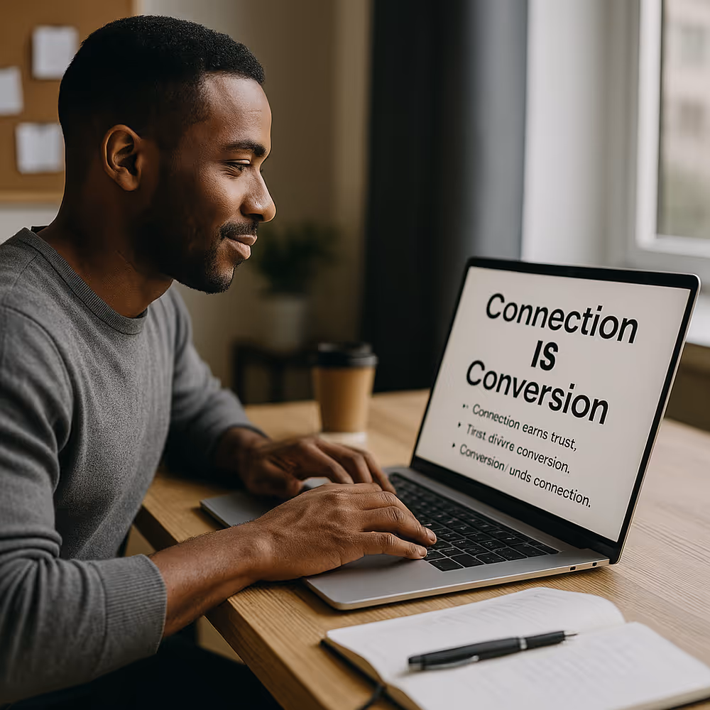 Confident writer at laptop illustrating that connection and conversion go hand in hand.