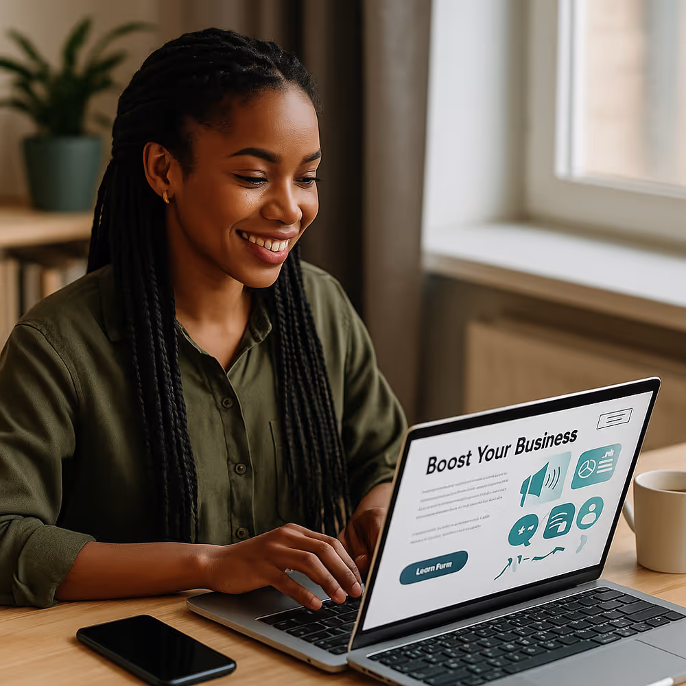 Marketer at laptop balancing brand storytelling and conversion-focused copy..