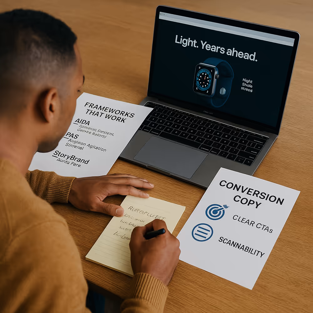 Conversion copy page with clear headlines, bullets, and CTAs using AIDA, PAS, and StoryBrand frameworks.