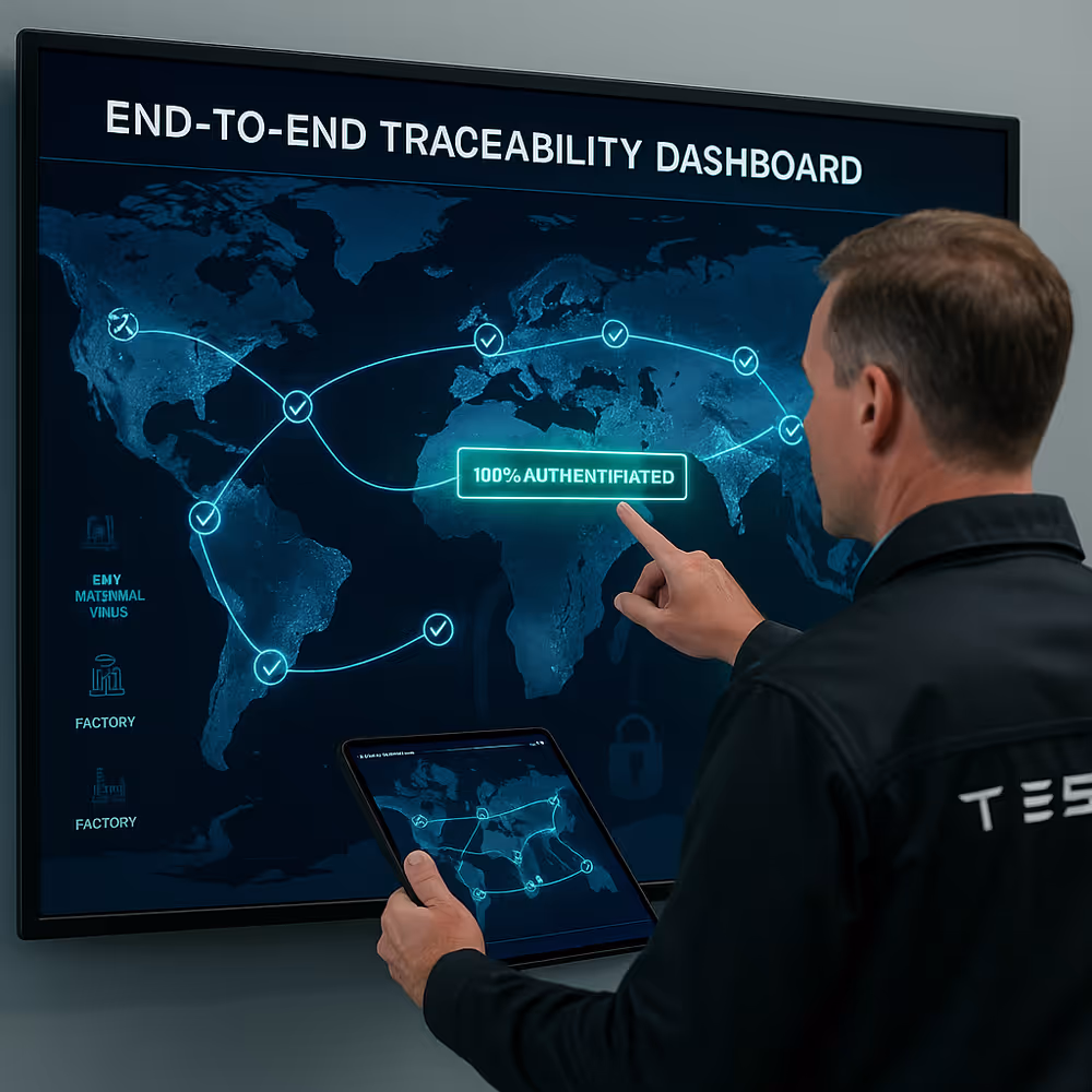 Tesla engineer reviewing blockchain-based traceability and parts authentication in a smart factory dashboard.