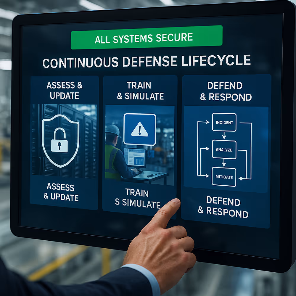 Continuous defense lifecycle graphic: assess & update, train & simulate, defend & respond in Industry 4.0.
