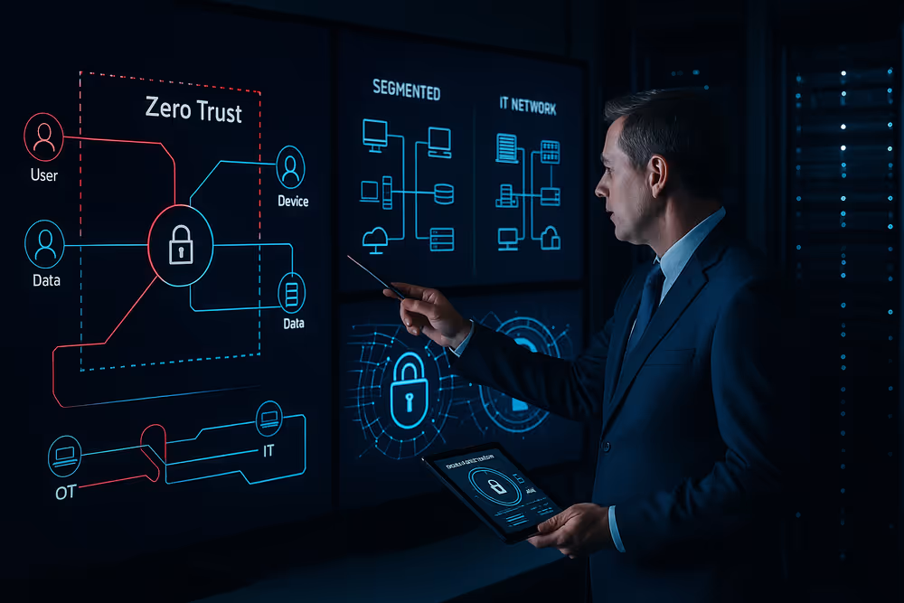 Zero Trust architecture diagram with OT/IT segmentation and end-to-end encryption for digital manufacturing.