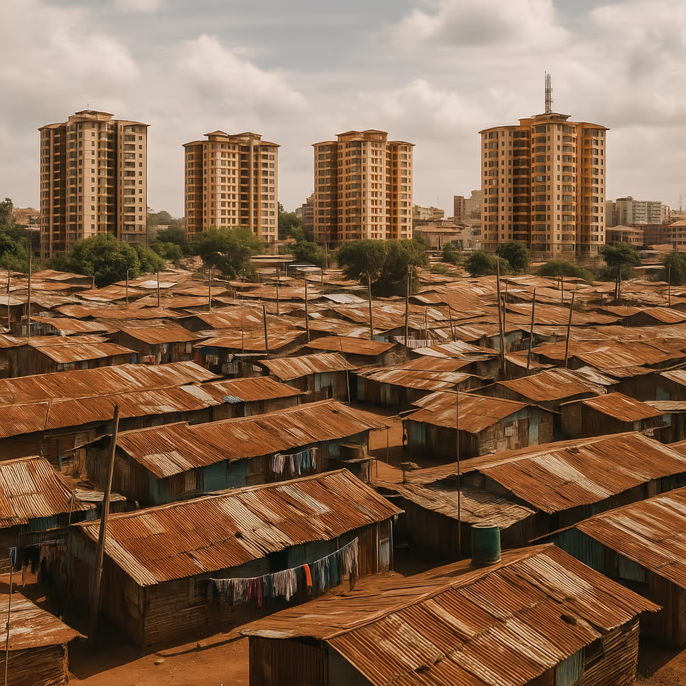 An ultra-photorealistic digital photograph captures a deep contrast between the developed Global North and the under-resourced Global South.