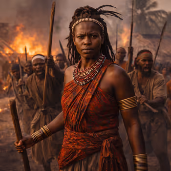 Mature Mekatilili wa Menza-inspired figure standing defiantly before Giriama insurgents as a coastal village burns in the background, symbolizing resistance, leadership, and the beginning of Kenya’s anti-colonial uprising in Echoes of Valor.