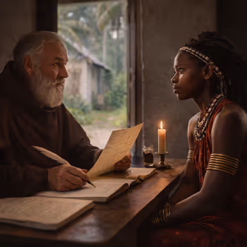 A Scottish missionary monk in late 19th-century attire, seated in a modest coastal study with books and handwritten papers, representing Friar Mark, the fictional mentor figure in the historical novel “Echoes of Valor,” inspired by the Church Mission Society’s role in early Kenyan education.
