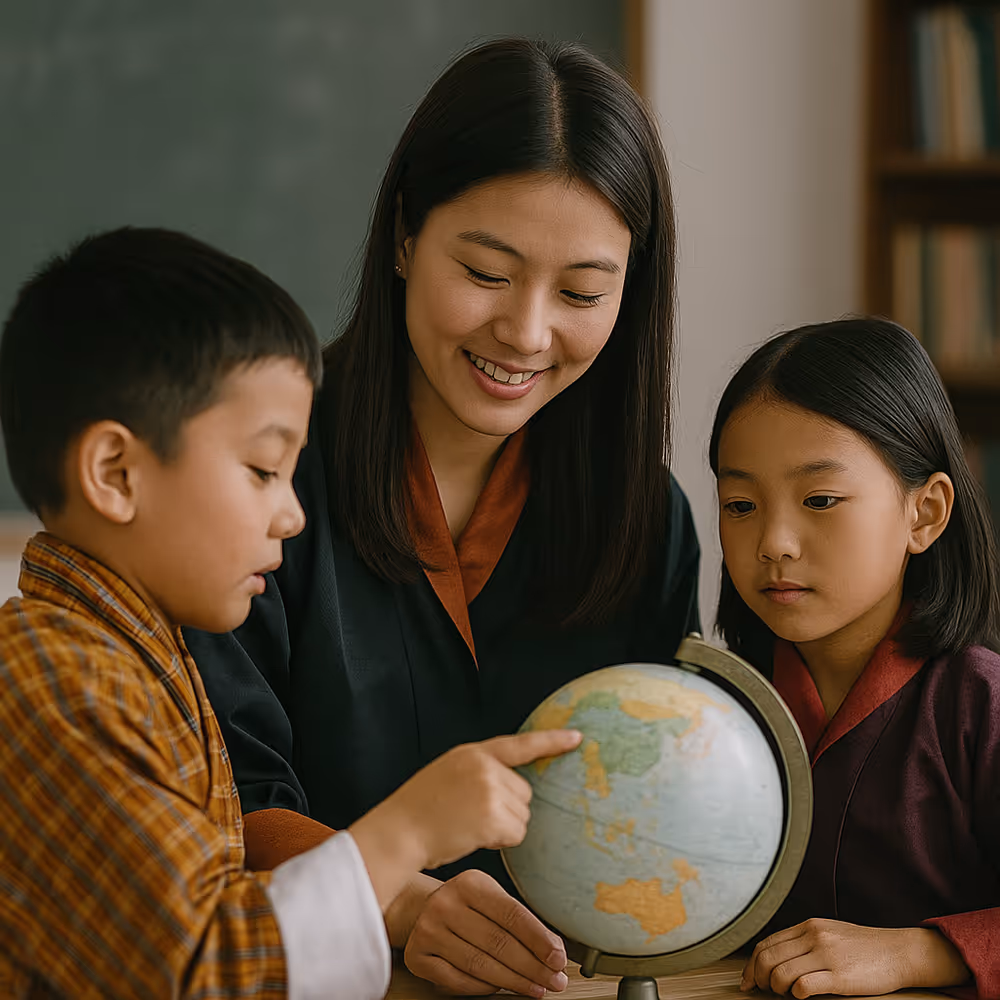 Teacher and two students studying a globe in Bhutan—GNH-aligned environmental learning.