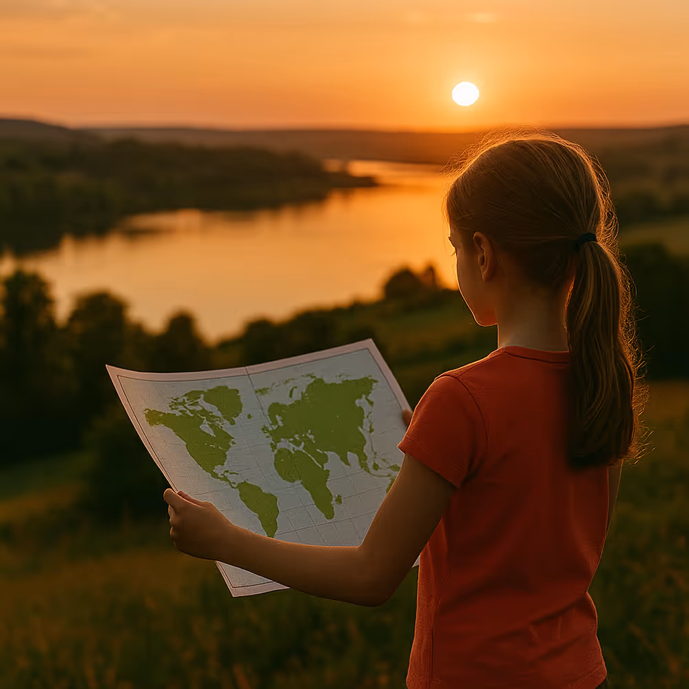Girl on a hillside at sunset holding a world map with green continents—hope as an active verb. She holds an unfolded world map marked with green continents, bathed in the golden glow of the fading sun.