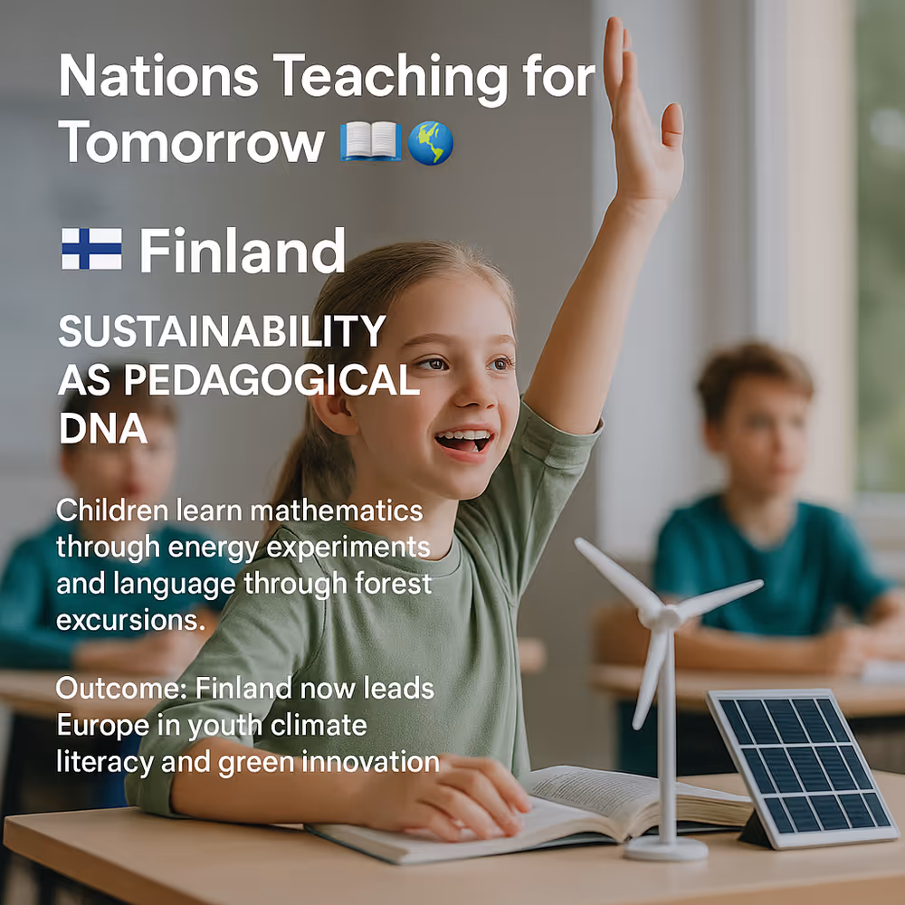 A photorealistic classroom in Finland filled with natural light. A smiling schoolgirl raises her hand eagerly beside a small wind turbine and solar panel model on her desk, representing renewable energy learning. Other children listen attentively in the background.