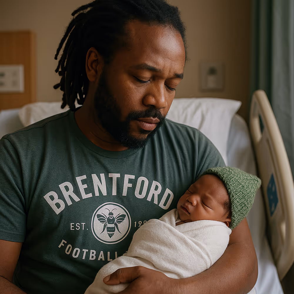 Dreadlocked father cradling his newborn in a hospital room—personal oath to raise a regenerative generation.
